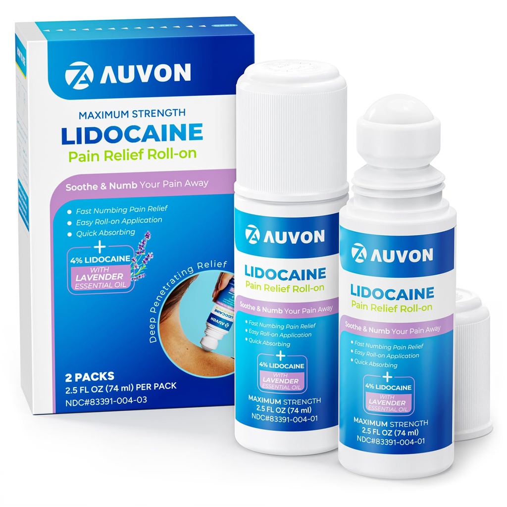 AUVON Max Strength Lidocaine Pain Relief Roll-On with Lavender Essential Oil, No Mess Applicator, Quick Absorbing to Numb & Soothe Pain Relief for Knees, Hombros, FSA/HSA Eligible, 2.5 OZ, 2 Packs