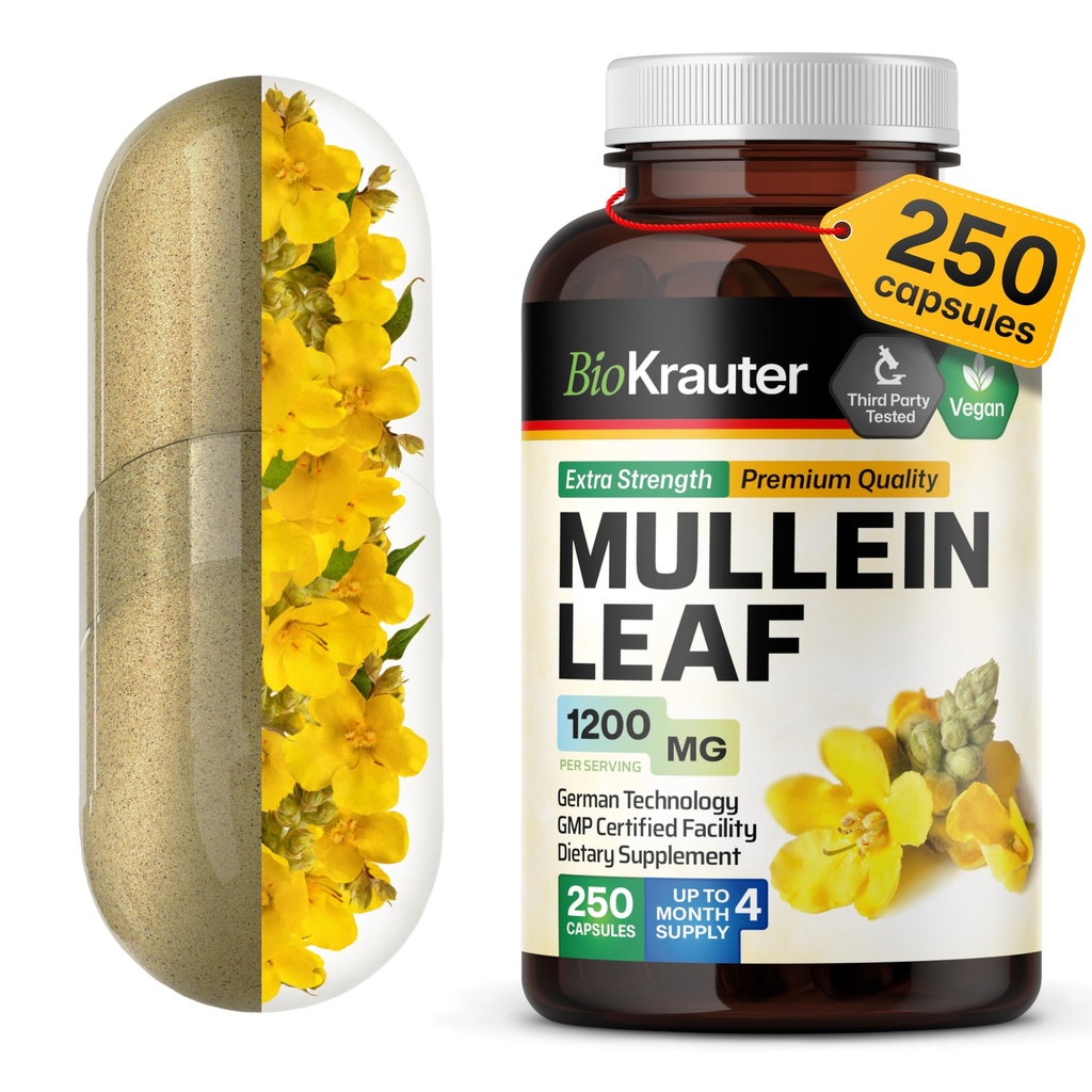 BIO KRAUTER Mullein Capsules 1200 mg 250 Conde - Pure Vegan Mullein Leaf Extract for Lungs - 125 Días de Suministro - Lung Cleanse &amp; Respiratory Support Supplements - No Fillers, Non-GMO