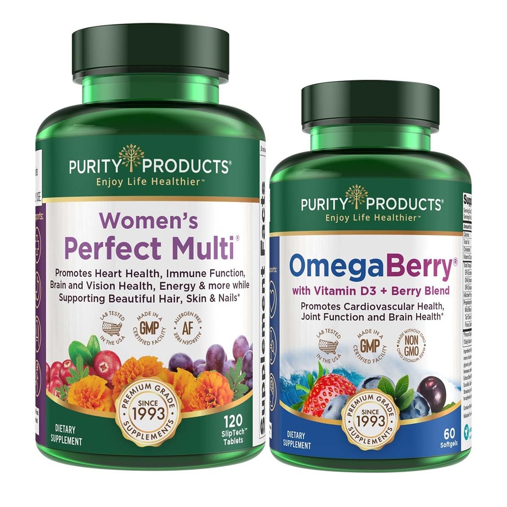 Purity Products Women’s Perfect Multi + OmegaBerry Fish Oil Women's Multi (Apoyos Urinary Tract Health, Immune, Bone, Hair, Skin, Nails + Más) - OmegaBerry (1250mg Omega-3, Vitamina D3 + Más)