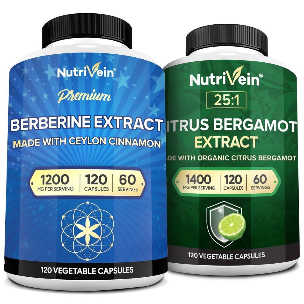 Nutrivein Premium Berberine 1200mg " Citrus Bergamot Extract 1400mg Bundle - Ceilán Cinnamon " 25:1 Bergamia Extract - Weight Management " Immune Support Plus Heart Health - 120 Capsules Cada uno