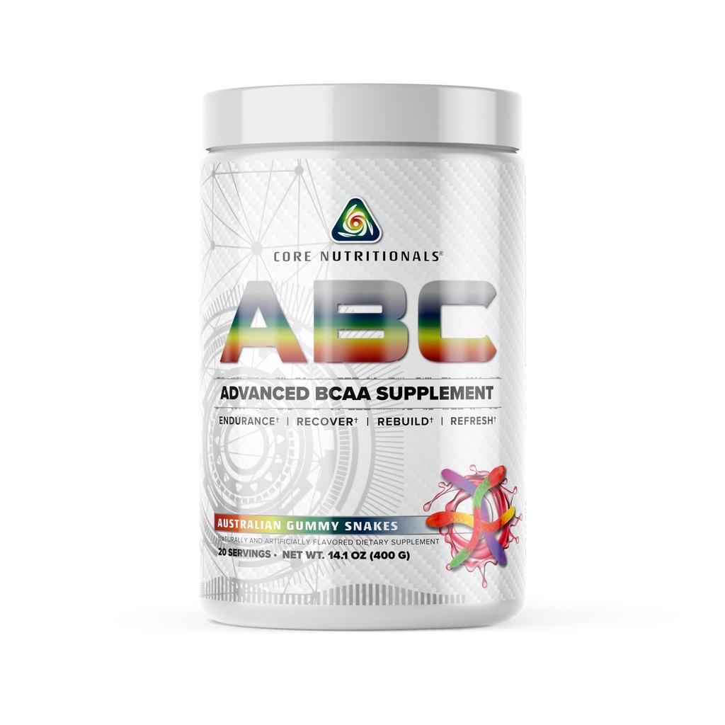 Nutriciones básicas ABC Advanced BCAA Supplement ← Amino Acid Recovery Blend ← Glutamine, Beta Alanine, Citrulline Malate TEN 20 Servings (Australian Gummy Snakes)