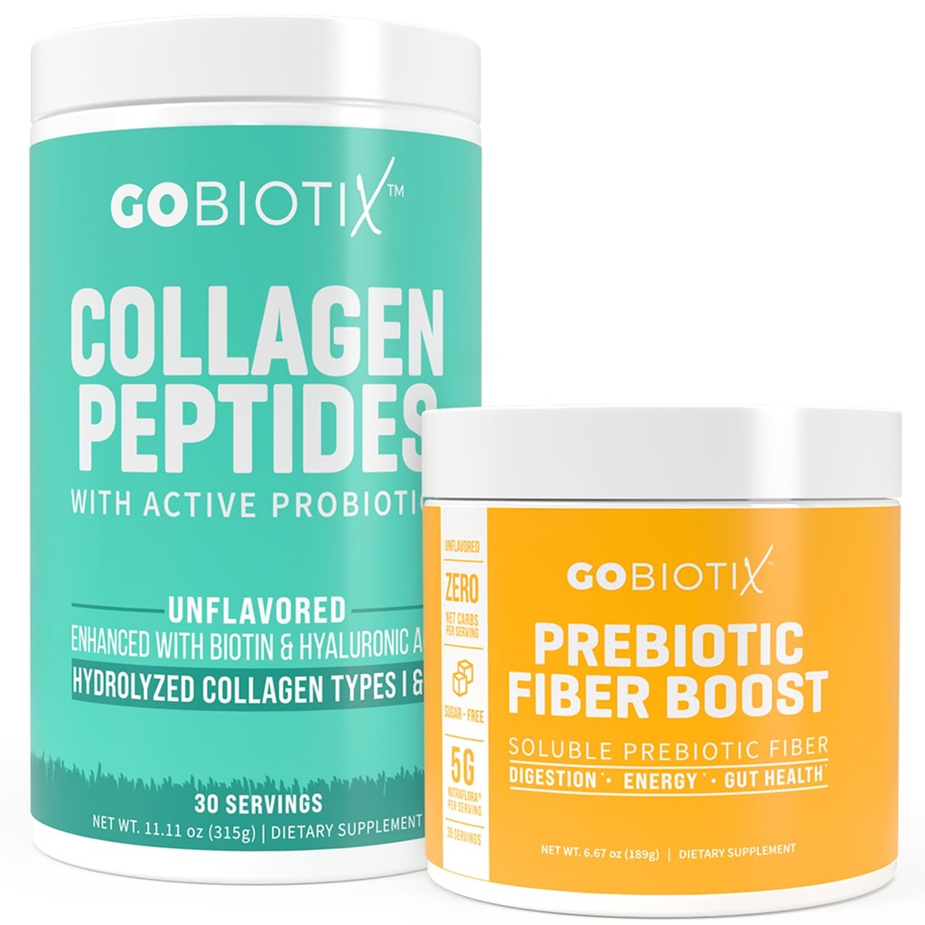 GOBIOTIX Fiber & Collagen Bundle: Peluquería, Skin, Gut Support - 30 Servidores Collagen, 35 Servidores Fiber