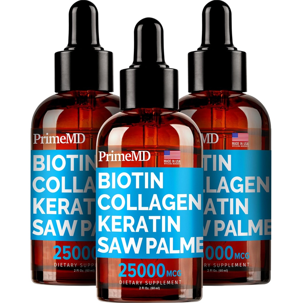 PrimeMD 4-en-1 Líquido Biotina Collagen Keratin Saw Palmetto Drops (3 Pack) Bundle - 25000mcg Pelo uñas y vitaminas de piel para hombres de mujeres - 2 Fl Oz Cada, Watermelon Flavor, Gluten-Free, Non-GMO