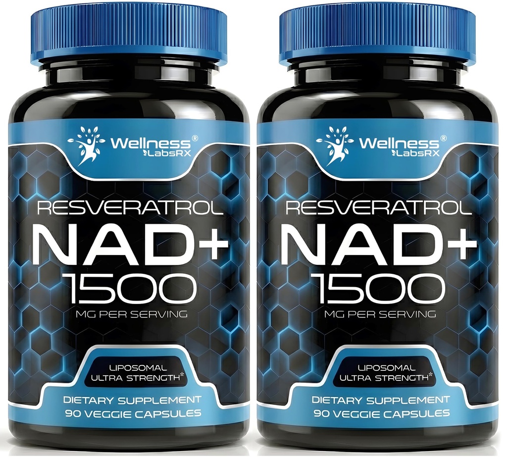 WELLNESS LABSRX NAD Suplemento, 1500mg - Liposomal NAD+ Suplemento con Resveratrol, NAD Plus Boosting - Apoyo a la salud celular, resistencia y envejecimiento saludable - Ultra Strength Capsules, USA Made - 2 Pack