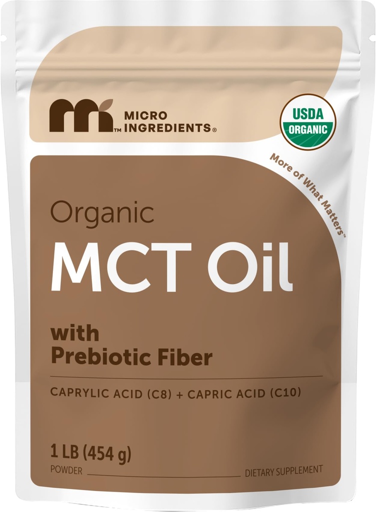 Polvo de aceite de MCT orgánico con fibra prebiótica,1 libras(16 onzas), combustible rápido para el cuerpo y el cerebro, aceite de MCT C8 para el café, sin GMOs, Keto Diet, Vegan