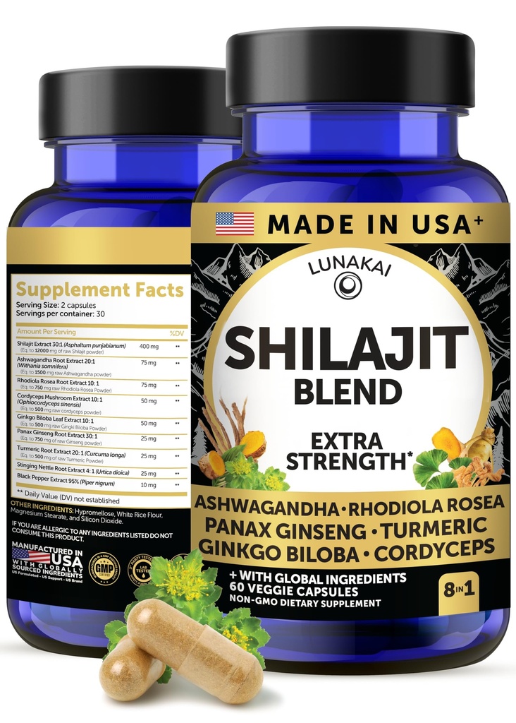 Lunakai USA hizo capsules Shilajit puros con Ashwagandha, Rhodiola & Cordyceps - Extra Strength Shilajit Extract for Men ' Women, 60ct