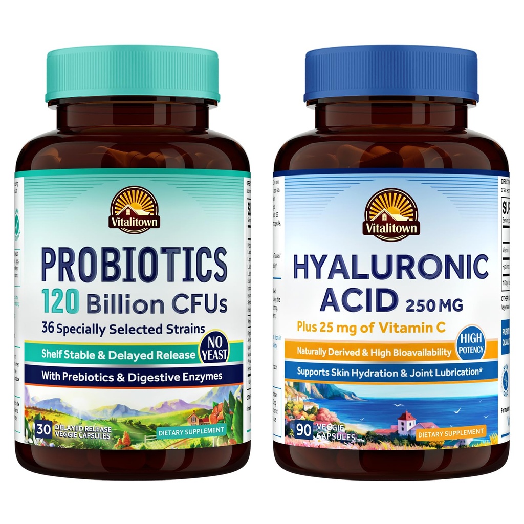 Vitalitown Gut-Skin Bundle (Pack of 2) ¦ Probiotics 120 Billion CFUs (Item 1) & Hyaluronic Acid (Item 2) ← 30 + 90 Capsules