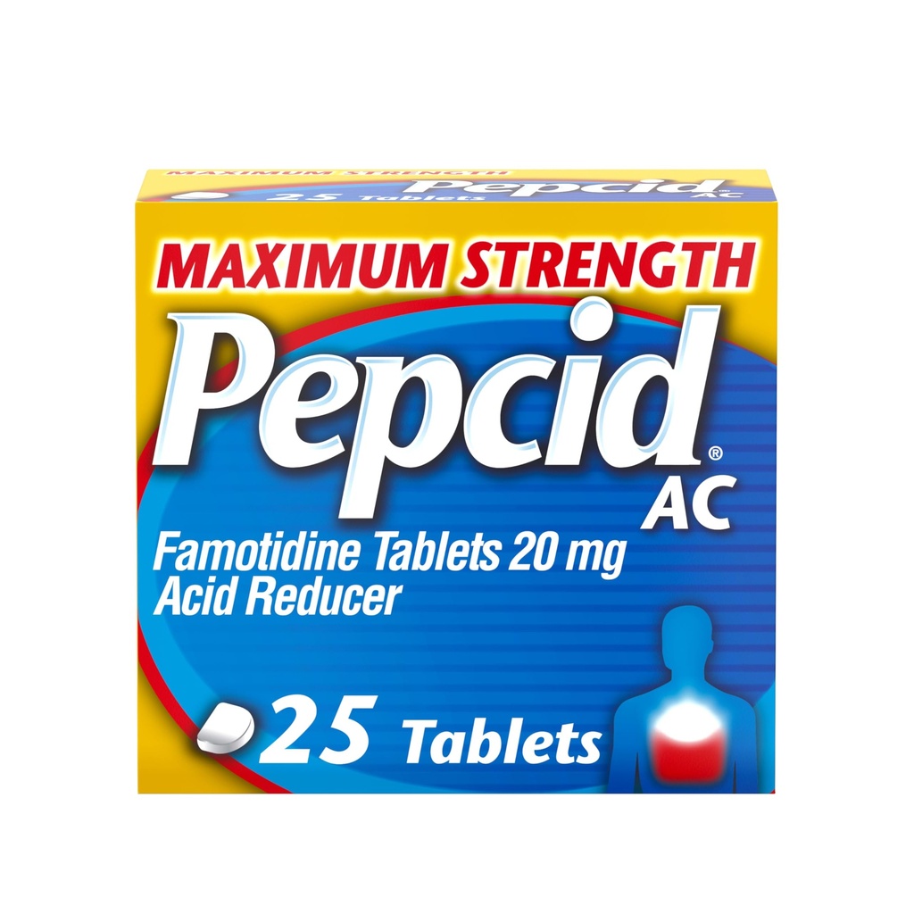 Pepcid AC Maximum Strength Heartburn Relief Tablets, OTC Medicine Prevents ' Relieves Heartburn " Acid Reflux Debido a la indigestión de ácido, 20 mg Famotidine Acid Reducer, Fast-Acting, 25 ct