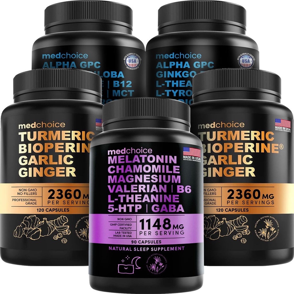 MEDCHOICE Sleep Melatonin (90ct), Turmeric " Ginger (240ct), y Nootropic Brain (120ct) Supplement Bundle - Wellness Trio for Brain, Sleep, " Immune Support - Vegan, Non-GMO, Gluten-Free