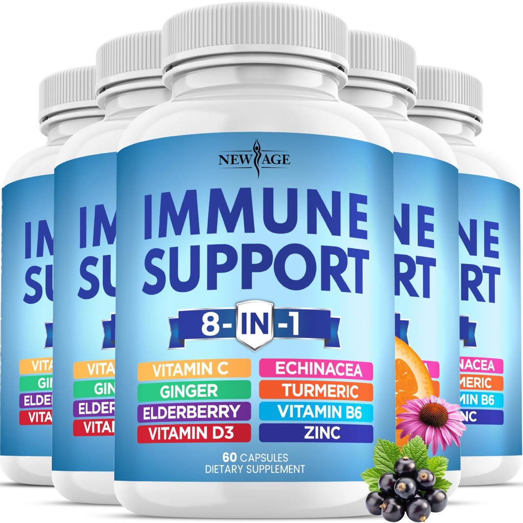 8 en 1 Immune Support Booster Suplemento con Echinacea, Vitamina C y Zinc 50mg, Vitamina D 5000 UI, Turmeric Curcumin &amp; Ginger, B6, Elderberry (8 en 1 cápsulas (Pack de 5))