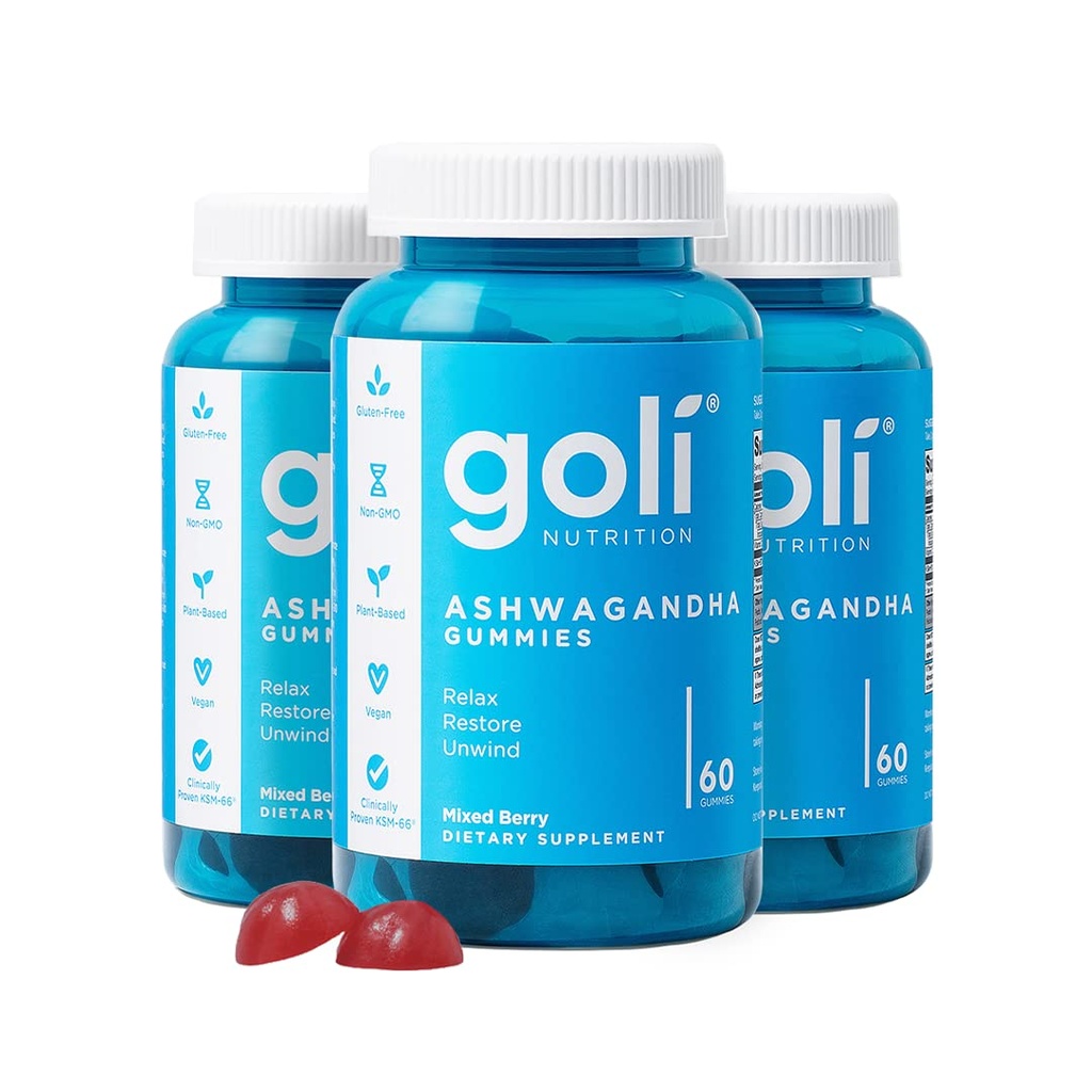 Goli Ashwagandha & Vitamin D Gummy - 180 Conde - Berry mixto, KSM-66, Vegan, Planta base, No GMO, Gluten-Free & Gelatin Free Relax. Restaurar. Relájate, Pack de 3