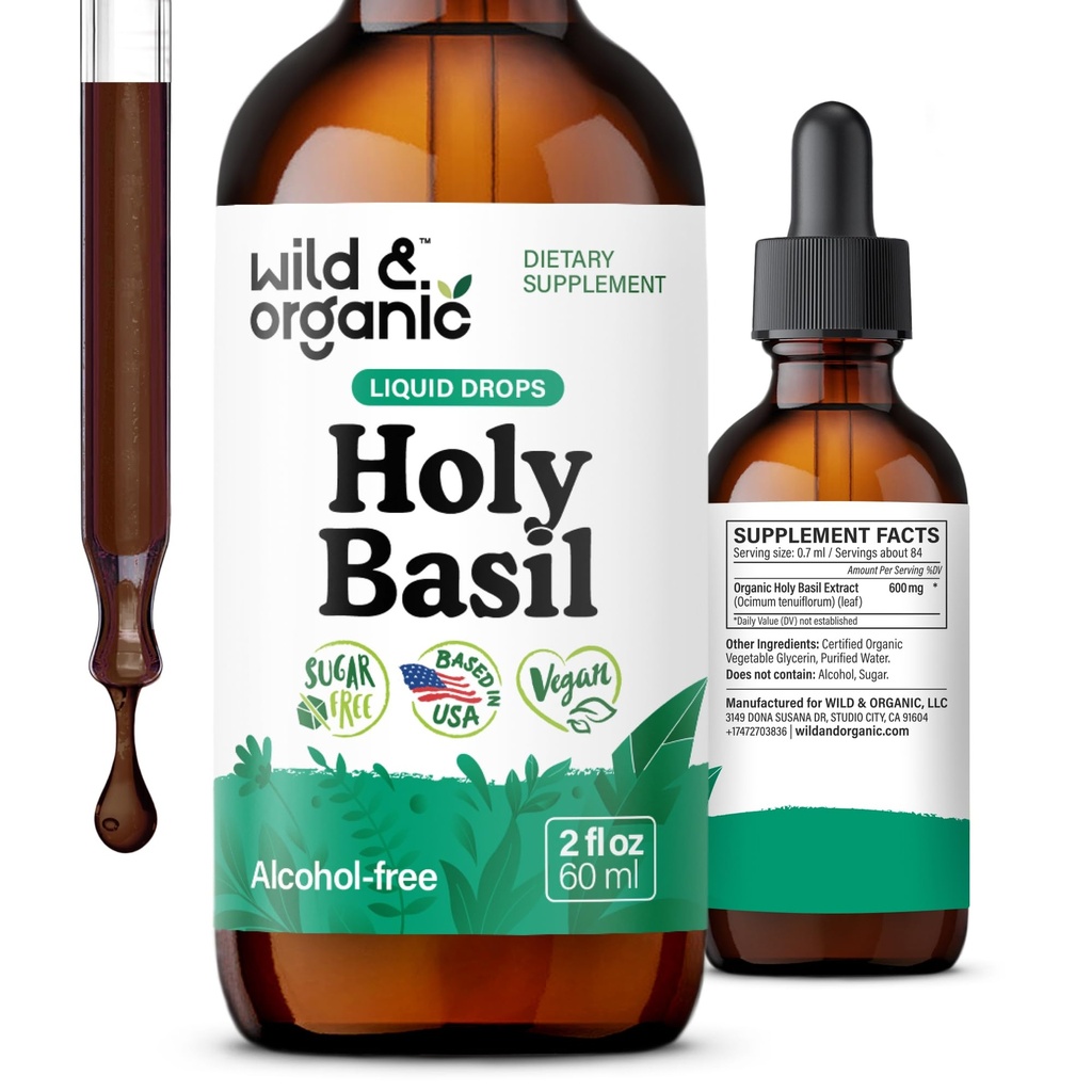 Wild &amp; Organic Holy Basil Leaf Tintura - Relax, Calmness, Mood Support - Tulsi Holy Basil Supplement - Vegan, Sugar &amp; Alcohol-Free Herb Extract Drops - 2 fl oz