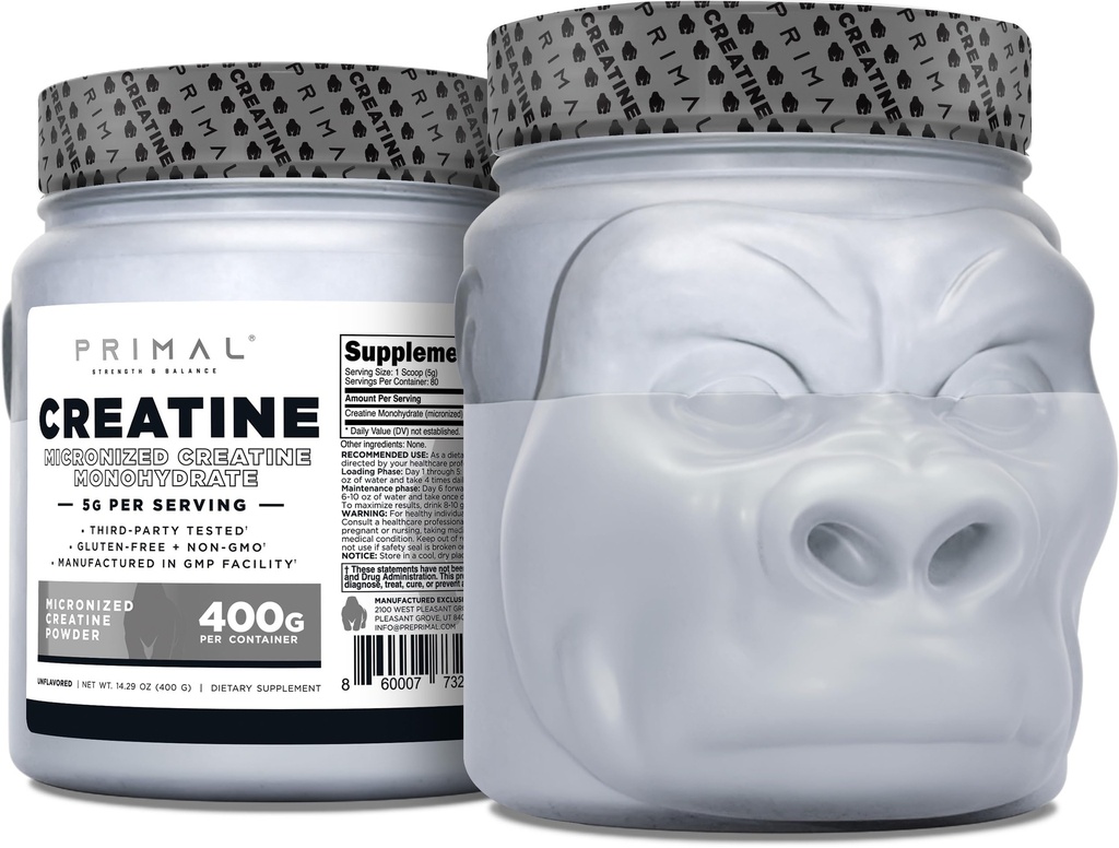 Primal Creatine Monohydrate Powder (400 Grams) ← Unflavored Micronized Creatine Muscle Development Supplement for Pre-Workout & Recovery Н 5g Creatine Monohydrate per Serving