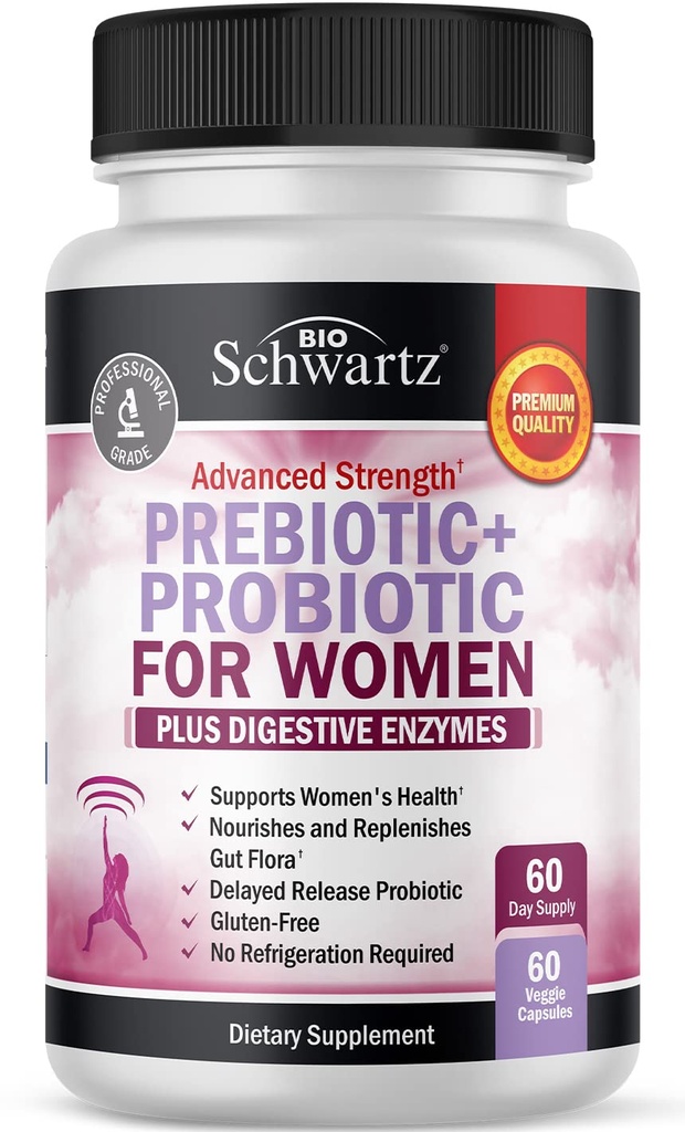 Prebióticos y Probióticos para Mujeres - con Cohosh Negro y Clover Rojo para Gut, Vaginal e Immune Health Support, Whole Food Digestive Enzymes Capsules, Lactobacillus Probiotic Supplement, 60 Count