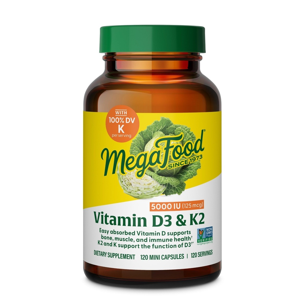 MegaFood Vitamina D3 5000 UI (125 mcg) - Suplementos Vegetarianos con Vitamina D3 K2 - Soportes Huesos, Dientes, Musculos & Immune Health - Certified Non-GMO - 120 Mini Capsules, 120 Serviciones