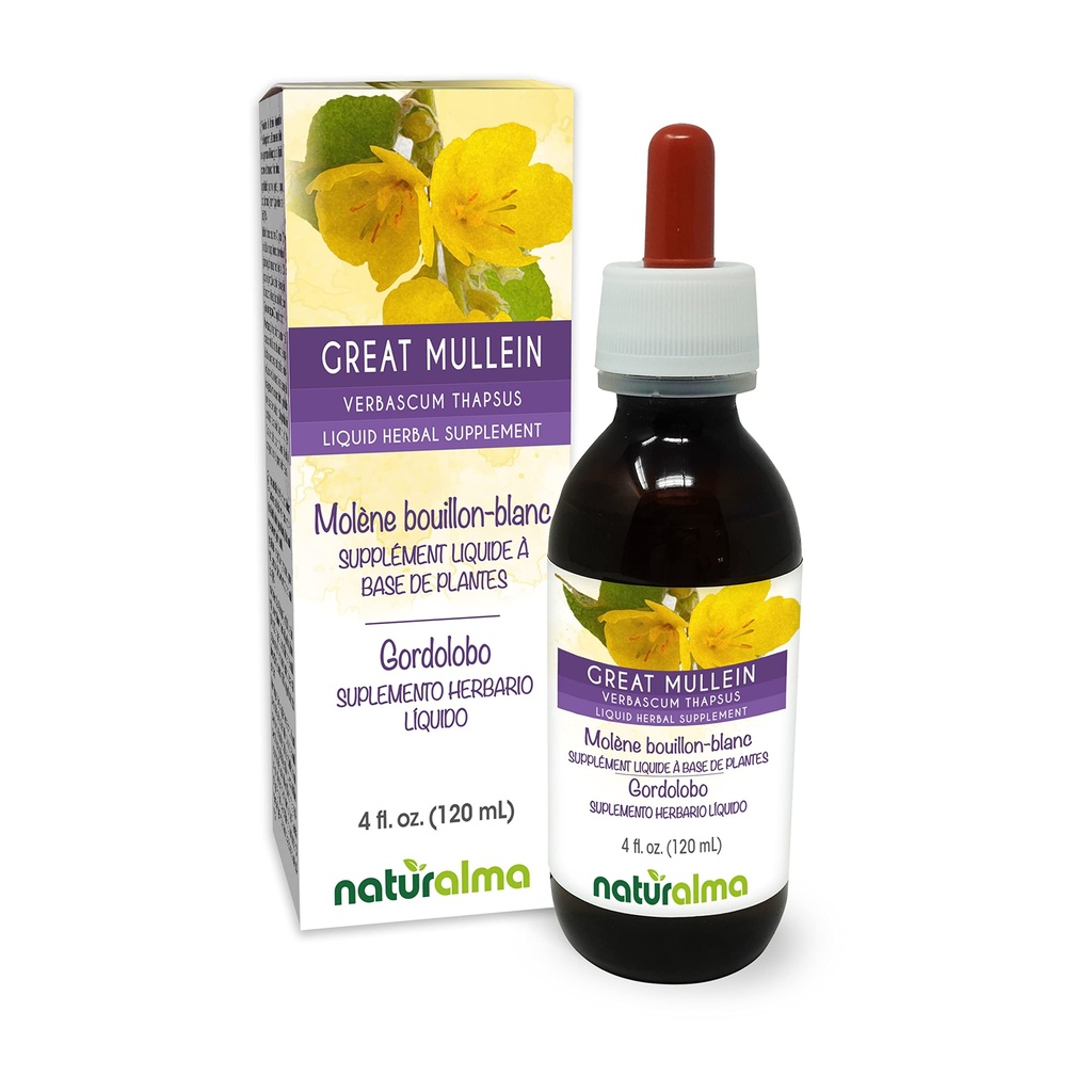 Naturalma Gran Mullein o Mullein Común (Verbascum thapsus) Flor y hoja Hidrocarburo Sin alcohol Tintura - 4 fl oz Extracto líquido en gotas - Suplemento Herbal - Vegan