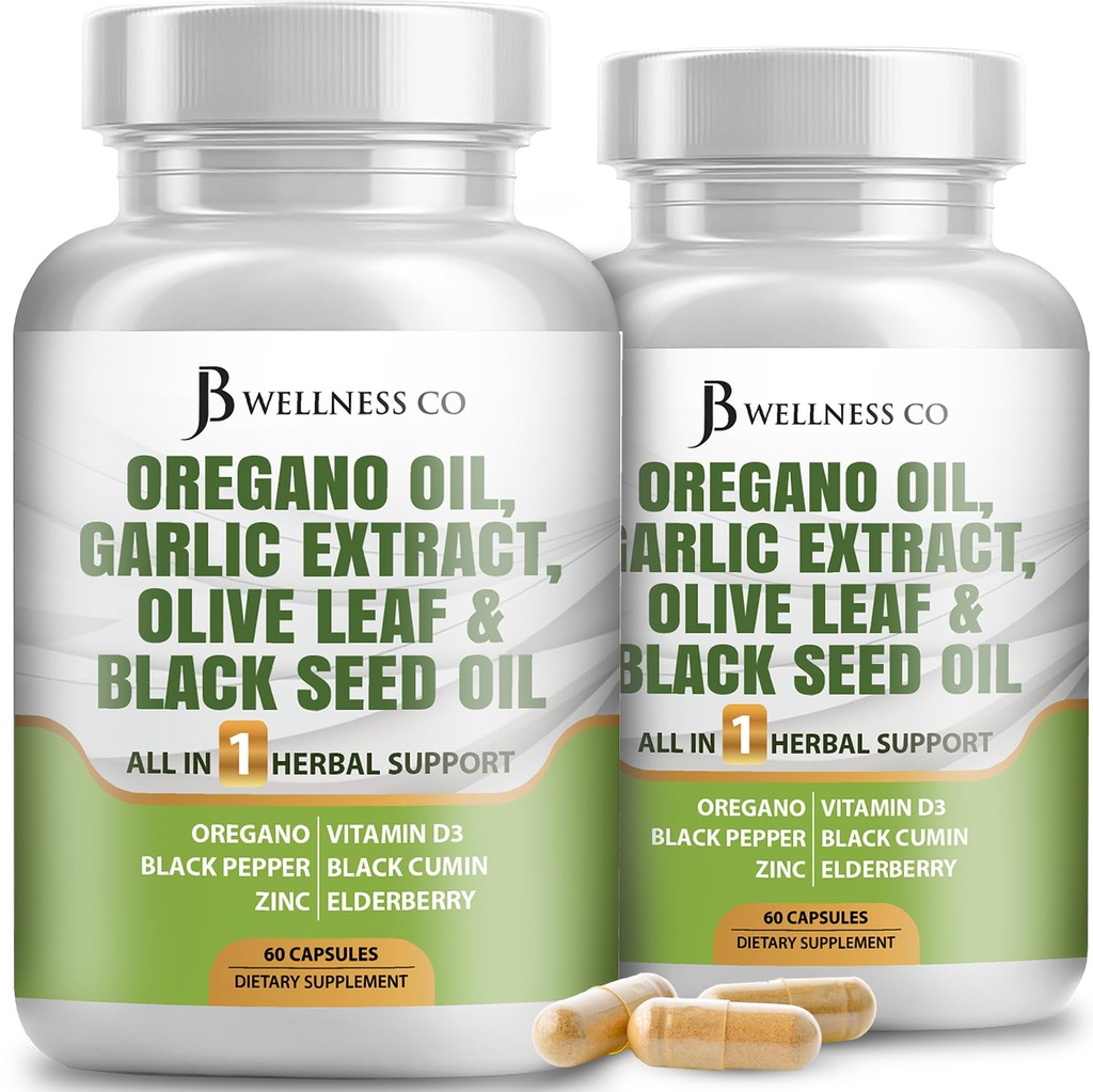 JB Wellness Oregano Oil, Ajo Extract, Hoja de Oliva, con Astragalus - Apoyo Inmunitario &amp; Suplemento Digestivo de Salud para Mujeres y Hombres - 120 Conde