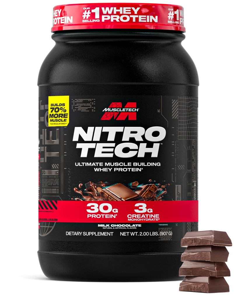 Muscletech Whey Protein Powder (Milk Chocolate, 2 libras) - Nitro-Tech Ultimate Muscle Building Formula with Whey Protein Isolate - 30g of Protein, 3g of Creatine &amp; 6.8g de BCAA - Packaging May Vary