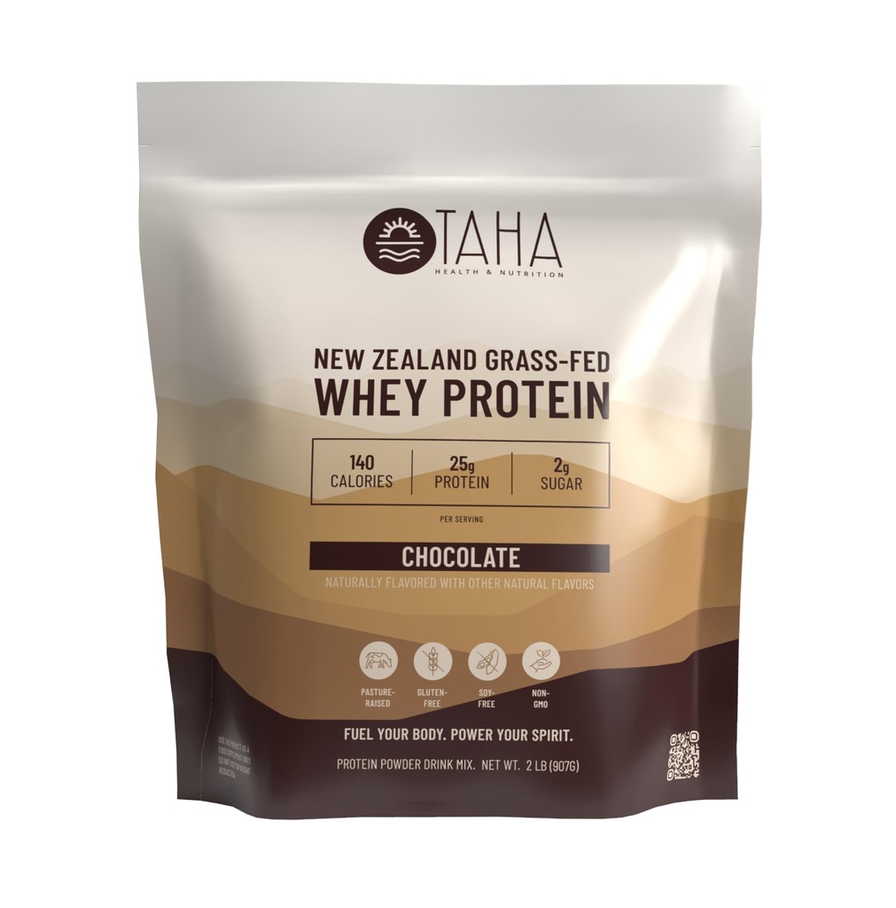 Taha Health & Nutrition Chocolate Flavored Whey Protein Concentrate Powder, 25g Protein, 140 Calories, 2g Sugar ← Nueva Zelanda Grass-Fed, Free-Range Dairy TEN Gluten and Soy Free, Keto, Kosher ← 2LB