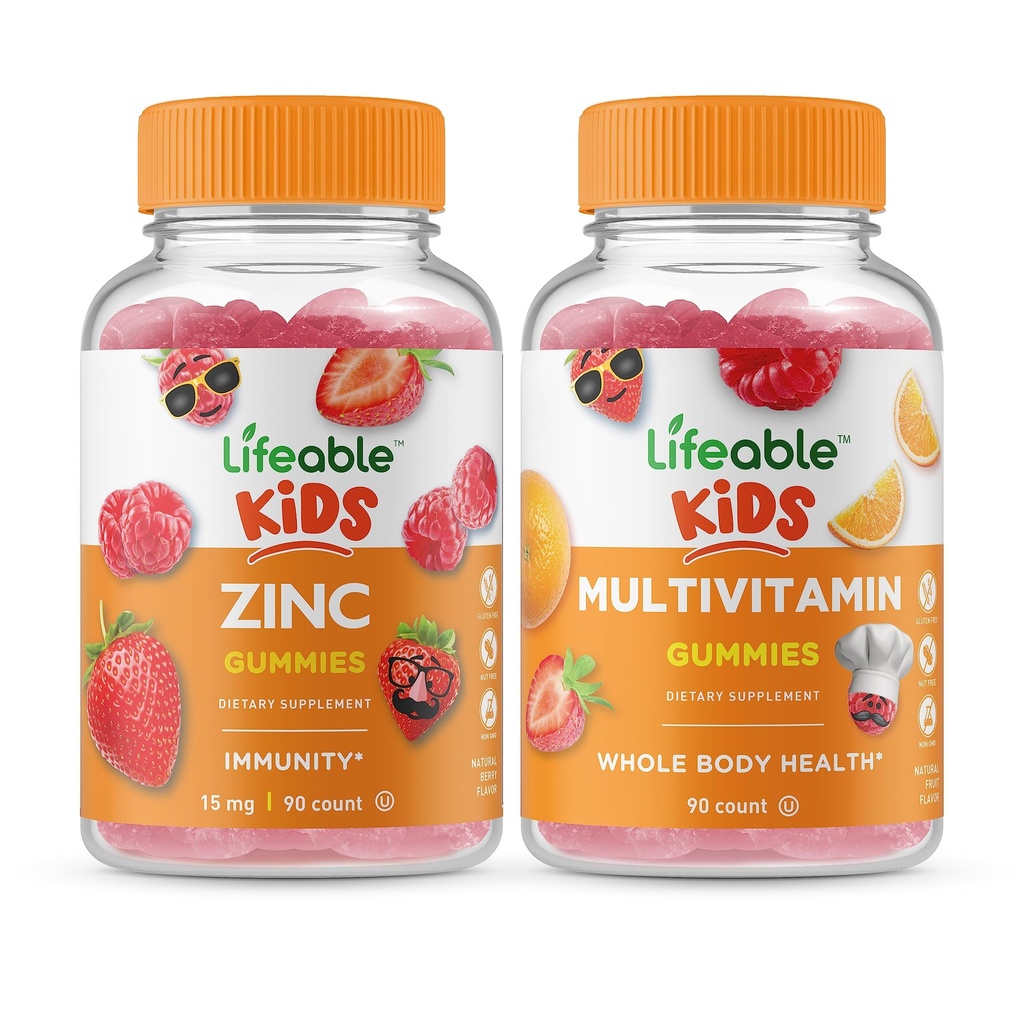 Niños Zinc Lifeable + niños multivitamínicos, Gummies Bundle - Gran Tasting, Suplemento de vitaminas, Gluten Gratis, GMO Gratis, Chewable Gummy