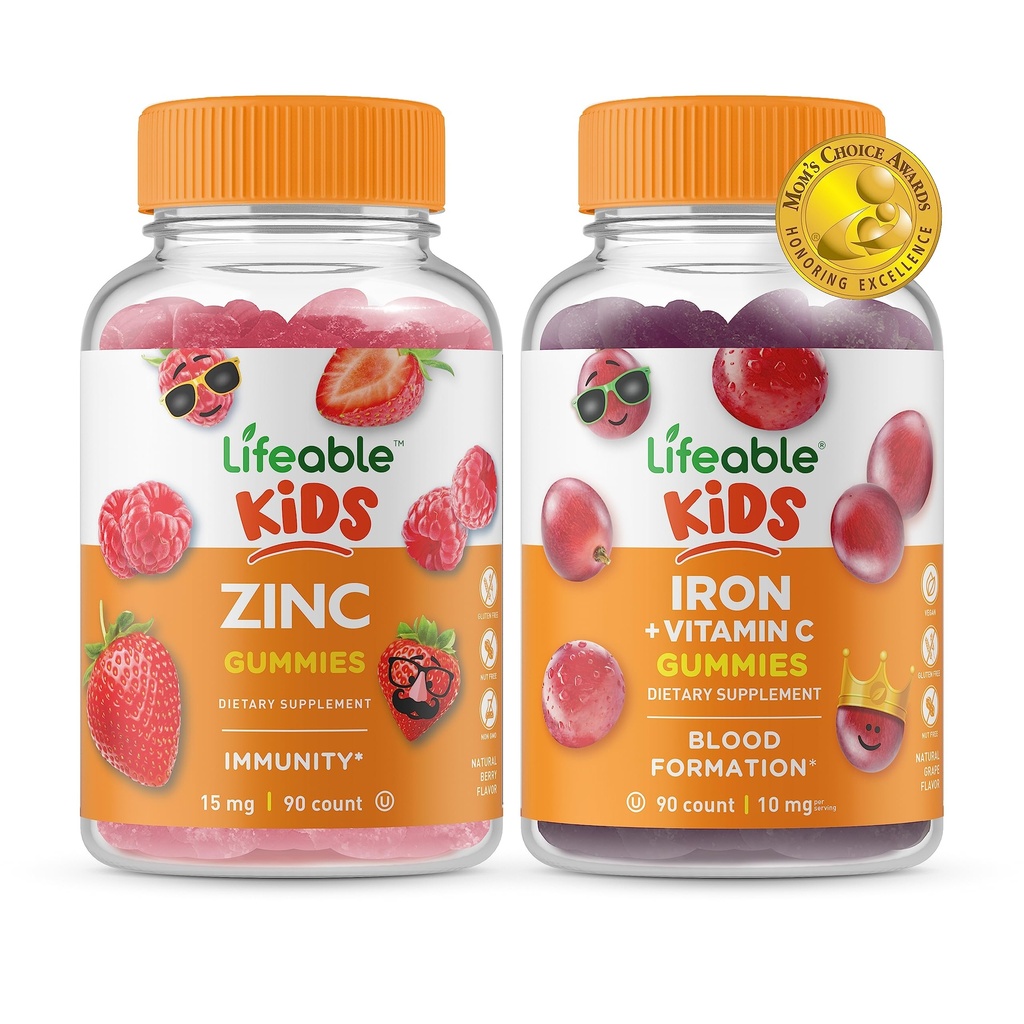 Niños Zinc Lifeable + Hierro &amp; Vitamina C Kids, Gummies Bundle - Gran Tasting, Suplemento de vitaminas, Gluten Gratis, GMO Gratis, Chewable Gummy