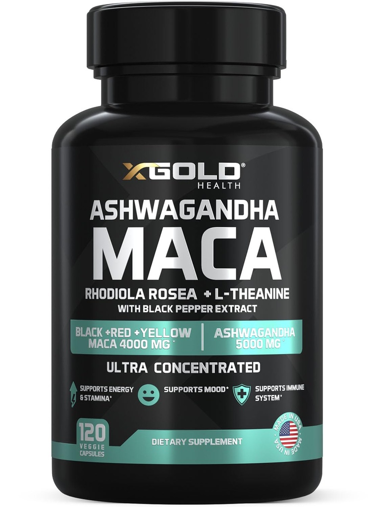 Ashwagandha 5,000mg + Maca Root Negro, Rojo, Amarillo 4,000mg, Rhodiola & L-Theanine: 30:1 Extracto Ashwagandha Capsules, 20:1 Extracto Maca Root Capsules - Suplemento para Hombres y Mujeres