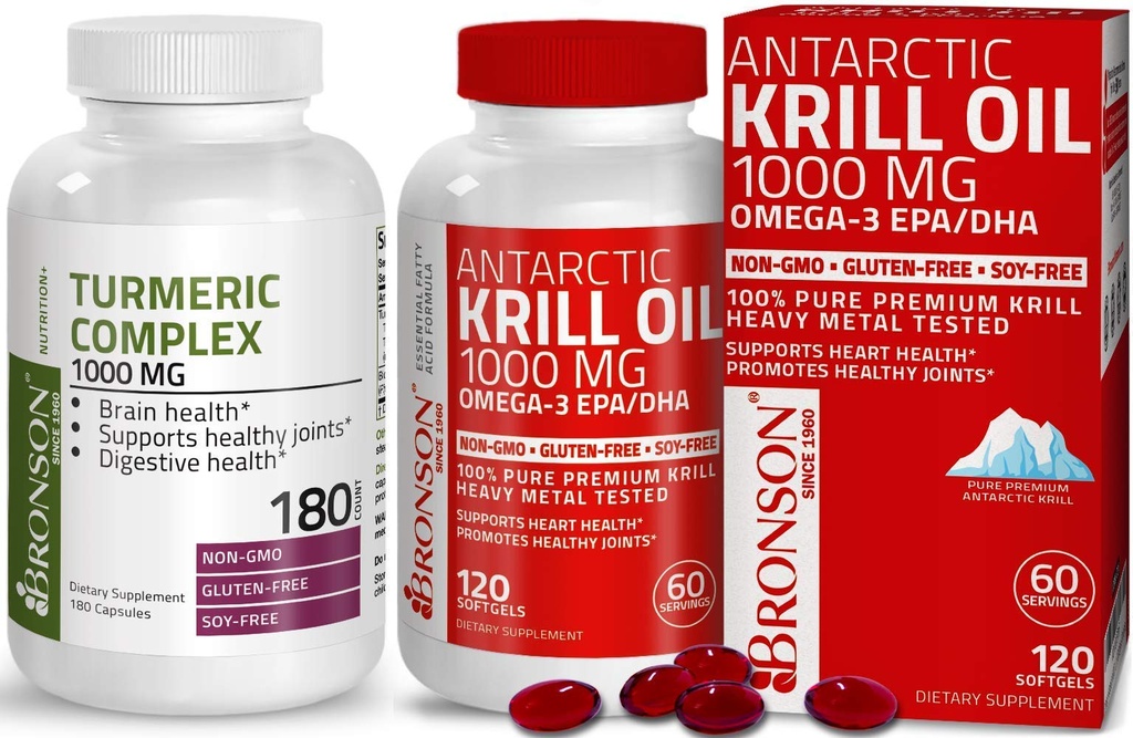 Curcumina de Turmérica Bronson con soporte articular BioPerine High Potency Premium + Aceite de Krill Antártico Bronson 1000 mg con Omega-3 EPA, DHA