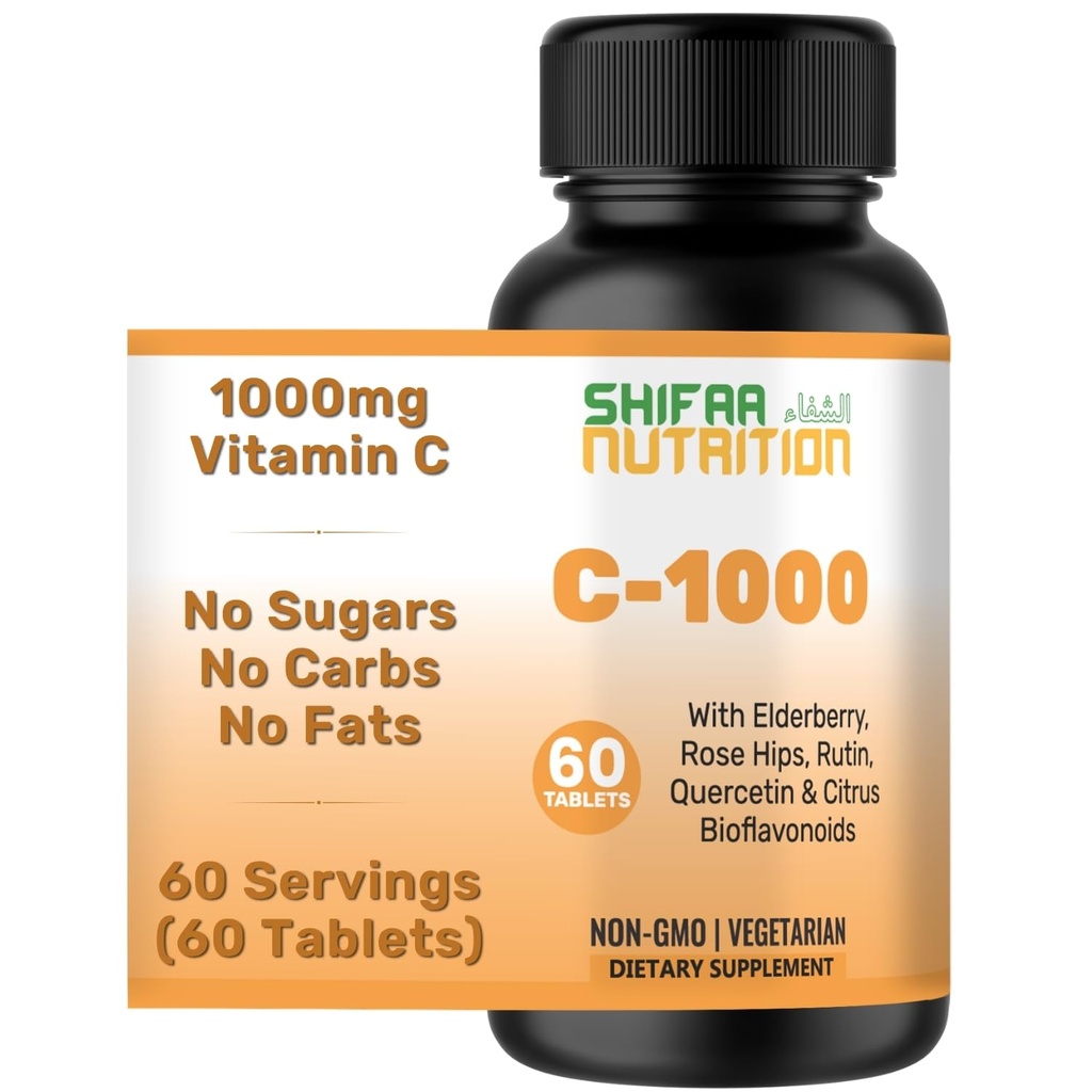 SHIFAA NUTRITION Halal Vitamin C-1000mg Tablets, 60 Days Supply. Suplemento de Apoyo Inmuno con Vitamina C, Elderberry, Quercetin, Rose HIPS & Rutin. Vegetariano, No GMO, Libre de Azúcar