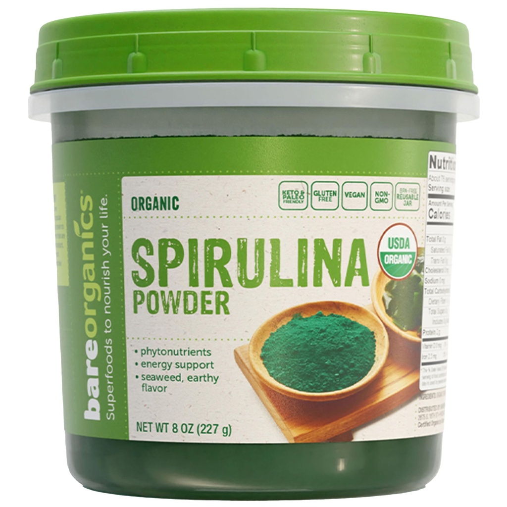 BareOrganics SPIRULINA Powder (Raw - Orgánico), 8 onzas (paquete de 1)