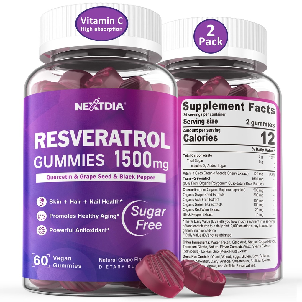 Resveratrol Supplement 1500mg - Resveratrol Gummies Supports NAD+, NMN & NMNH Synergy, with Quercetin, Grape Seed, Acai Berries Extracts for Antioxidant, Healthy Aging &amp; longevity, Skin, Brain - 2Pcs