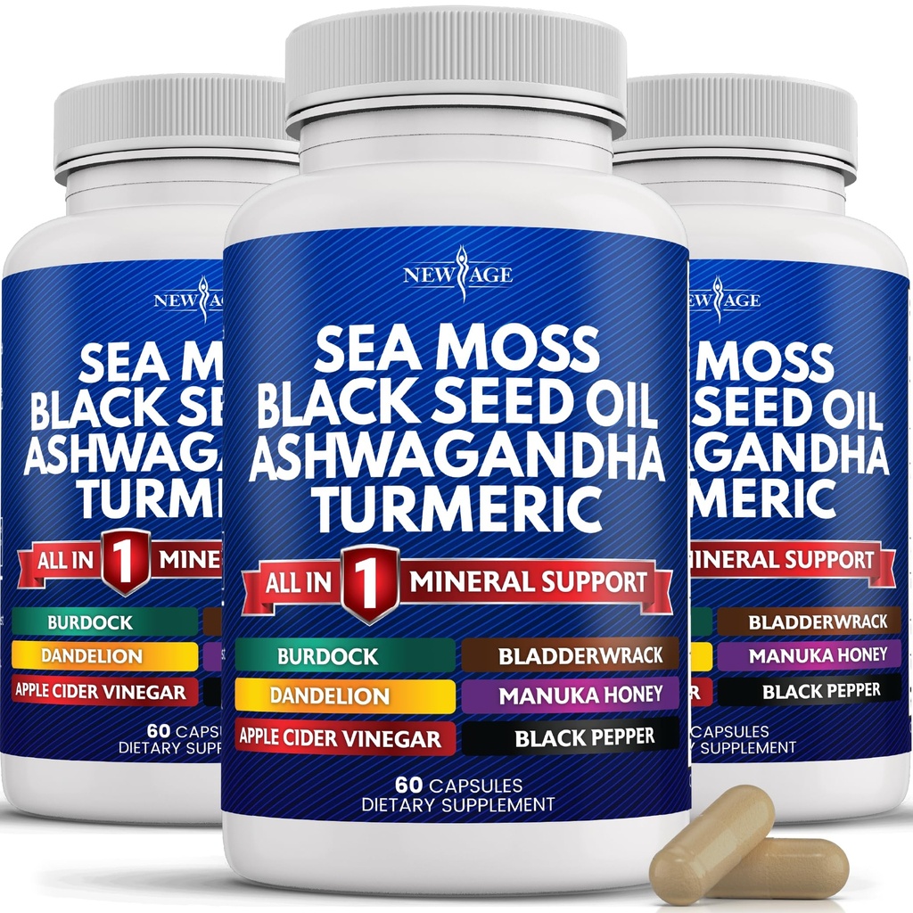 NEW AGE Silica Sea Moss, Black Seed Oil, Ashwagandha, Turmeric, Bladderwrack, Burdock - con Manuka, Honey Dandelion, ACV Black Pepper Gluten Free