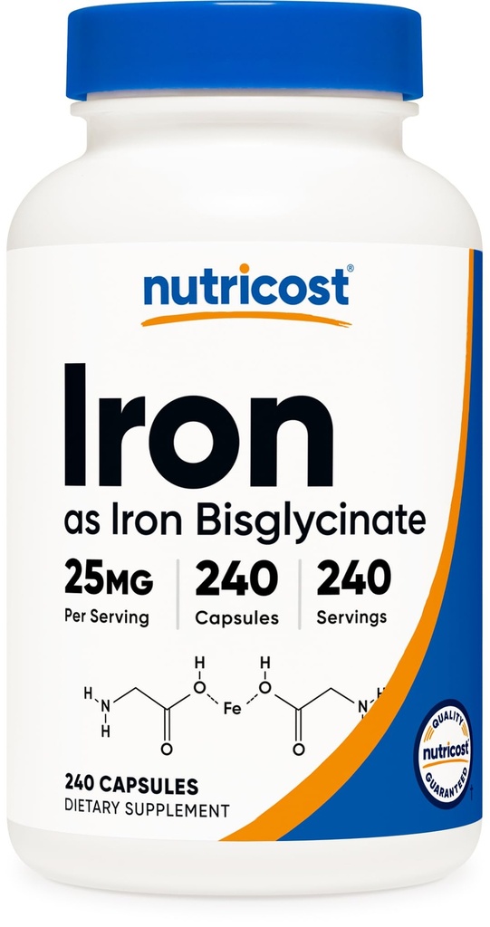 Nutricost Iron Bisglycinate Suplemento (25mg) 240 cápsulas - de Ferrous Bisglycinate Chelate - Non-GMO &amp; Gluten-Free
