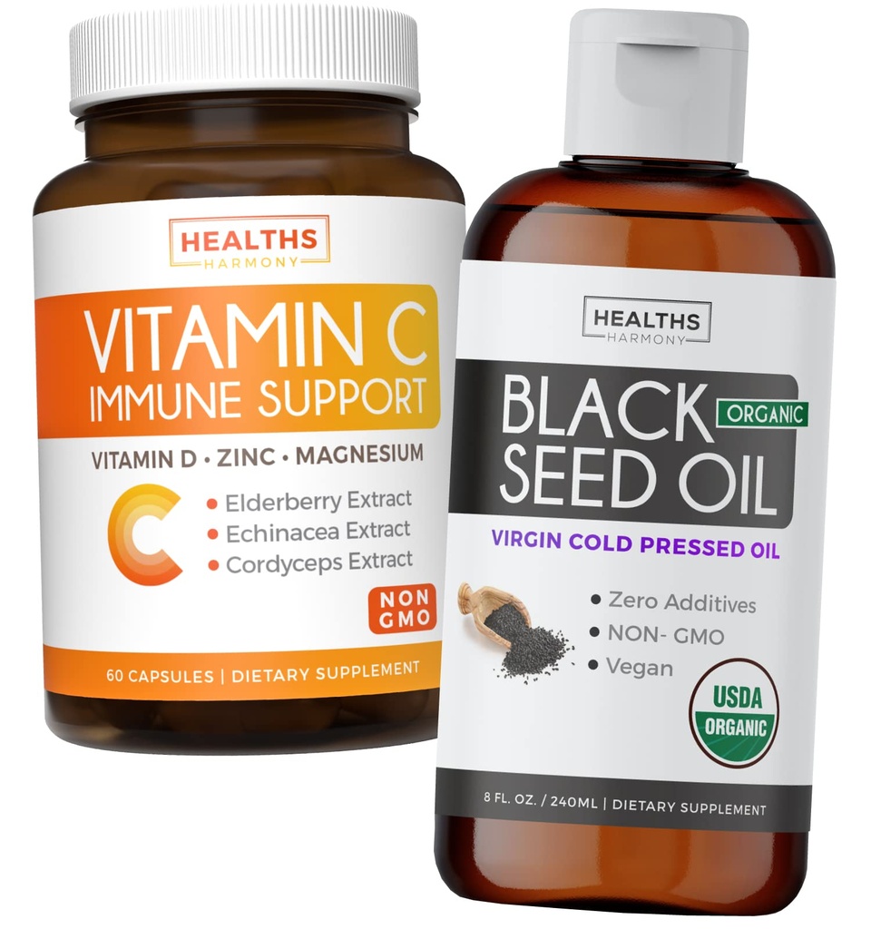 Bundle of Black Seed Oil Liquid & Vitamin C - Immune Fusion Booster Pack - Organic Black Seed Oil Liquid (8fl oz) Premium Cold-Pressed Nigella Sativa & Vitamin C Immune Support (Non-GMO)(60 Capsules)