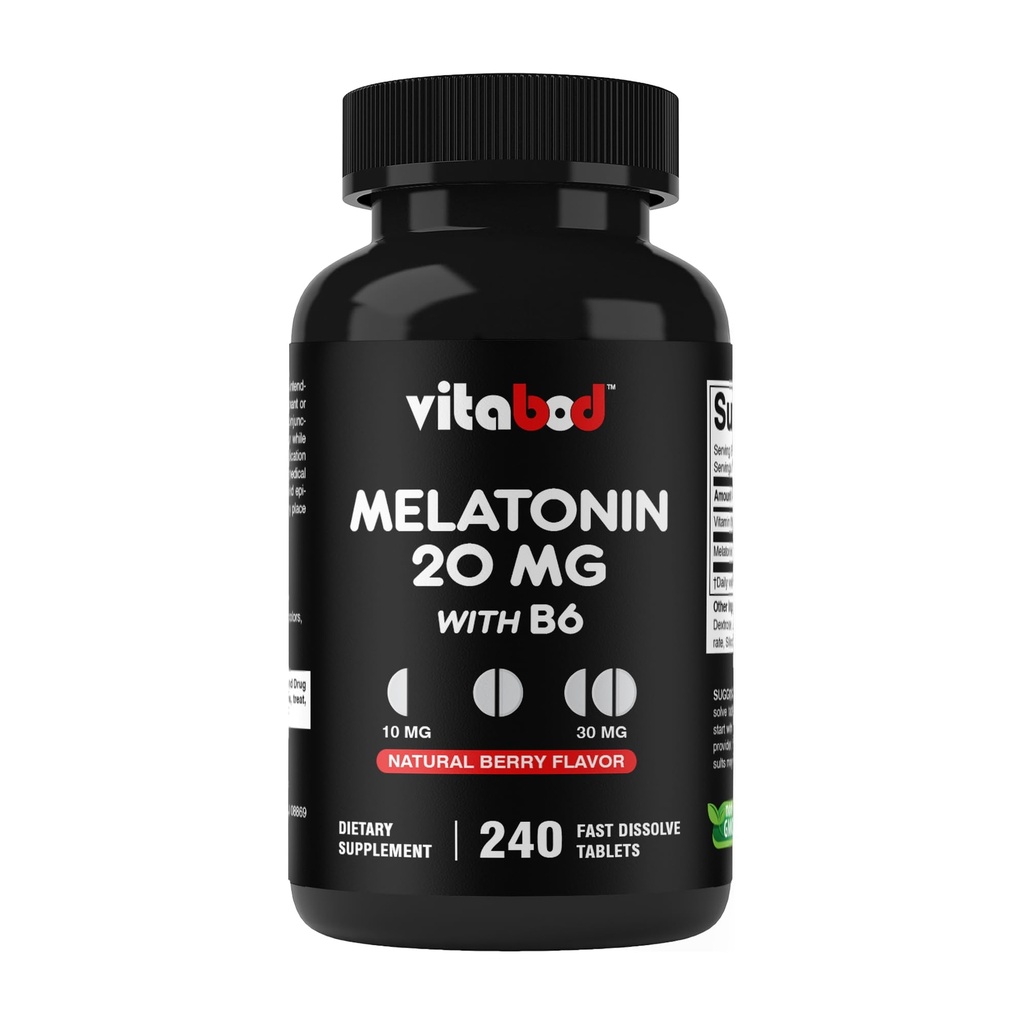 Melatonina Vitabod 20 mg - 240 Tablas de disuelve rápido - Medicamentos libres - Sabor de Berry natural - Vegetariano, No GMO, Conteo libre 240 (Pack of 1) (240 Conde (Pack de 1))