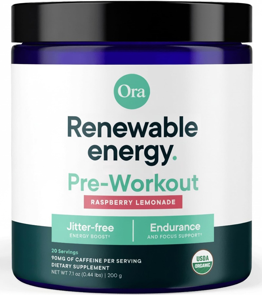 Ora Ora Organic Natural Pre Workout Powder - Raspberry Lemonade Flavor- proporciona energía libre de Jitter, Focus, Hidratación, " Endurance - Vegan, Certified Organic, Soy, Dairy, " Gluten Free, 20 Servings