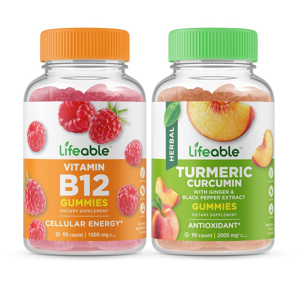 Vitamina útil B12 + Curcumina tormérica, Gummies Bundle - Gran Tasting, Suplemento de vitamina, Gluten Gratis, GMO Gratis, Chewable