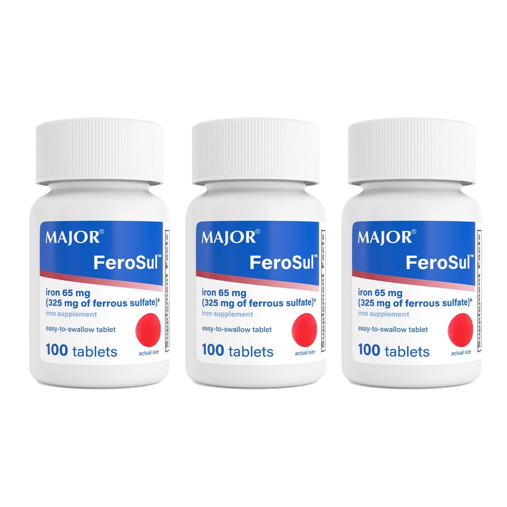MAJOR Ferosul - Sulfato ferroso 325 mg Tabletas con 65 mg de hierro elemental - Suplemento de hierro para mujeres, hombres - rojo - 100 Tabletas (3 Pack)