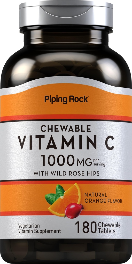 Piping Rock Vitamina C Chewable 1000mg  180 Tablets ← Orange Flavor ← Vegetarian, Non-GMO, Gluten Free Supplement