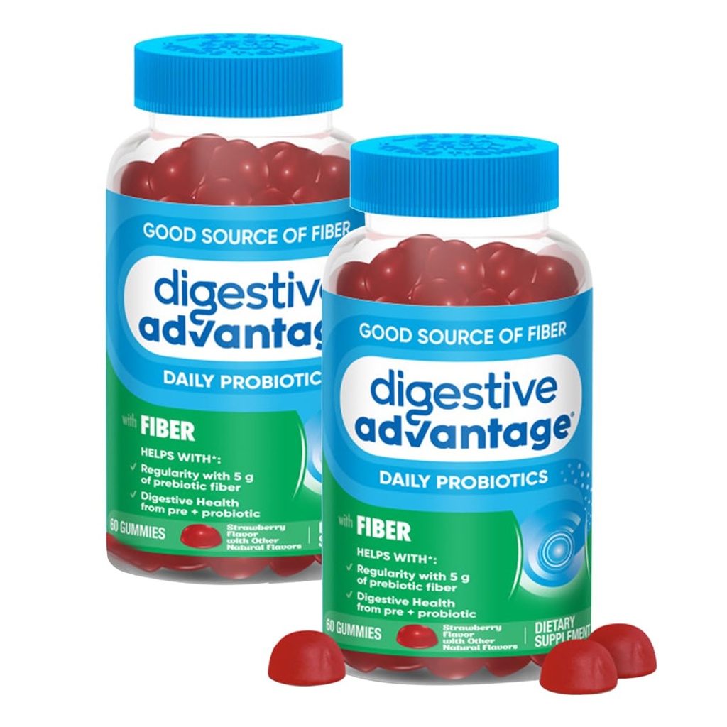 Beneficios Digestivos Suplemento de fibra prebiótica Fresa Sabor Gummies con Probióticos para Salud Digestiva Mujer, Adultos Regularidad y Salud Gut, 60 Conde (2 Pack)
