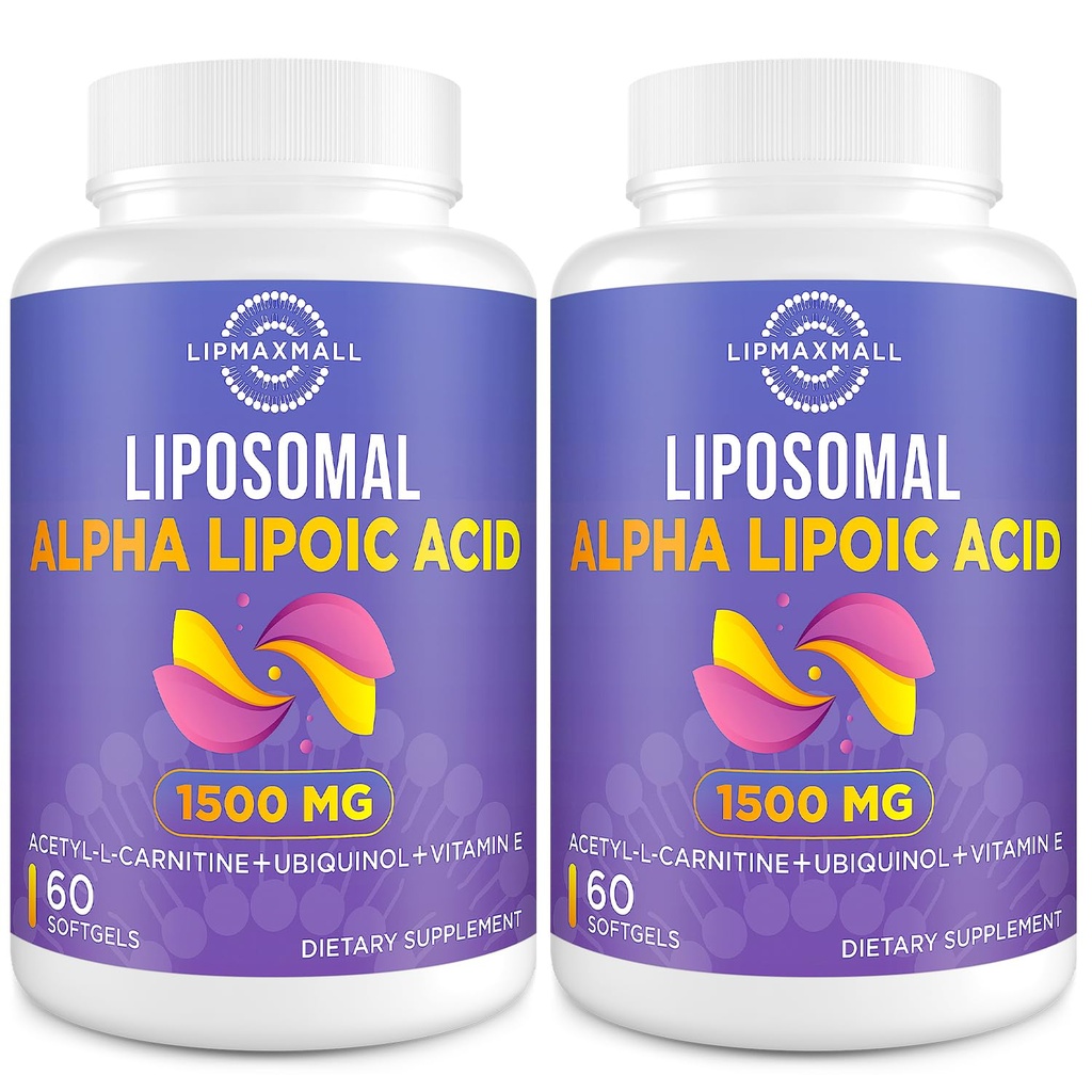 Liposomal Alpha Lipoic Acid 1500mg - con Acetyl-L-Carnitine 900mg & Ubiquinol 100mg &amp; Vitamin E 15mg,ALA Suplemento para Antioxidantes Glucose Metabolism Nerve Energy,60 Softgels (2 Bottle)