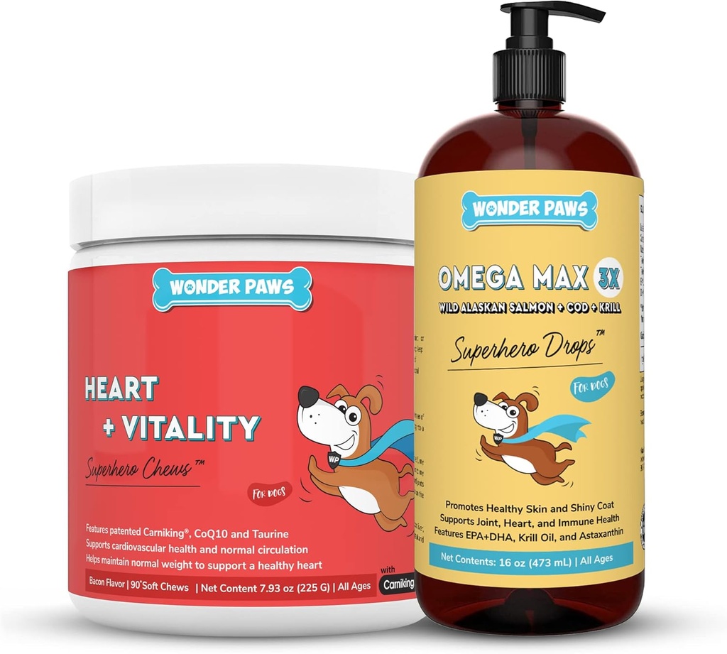 WONDER PAWS Heart + Vitality Superhero Chews Plus Omega Max Fish Oil - para perros Heart Health, Skin and Joint Care & Immune Support - Heart + Vitality 90 Chews - Omega Max 16 Ounces