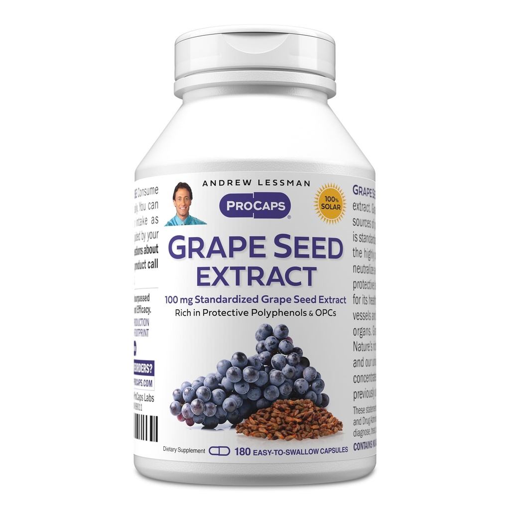 ANDREW LESSMAN Grape Seed Extract 180 Capsules - 100 mg Standardized Extract, Anti-oxidant, Neutralizes Damaging Free Radicals, Supports Healthy Circulation. Rico en polifenoles protectores