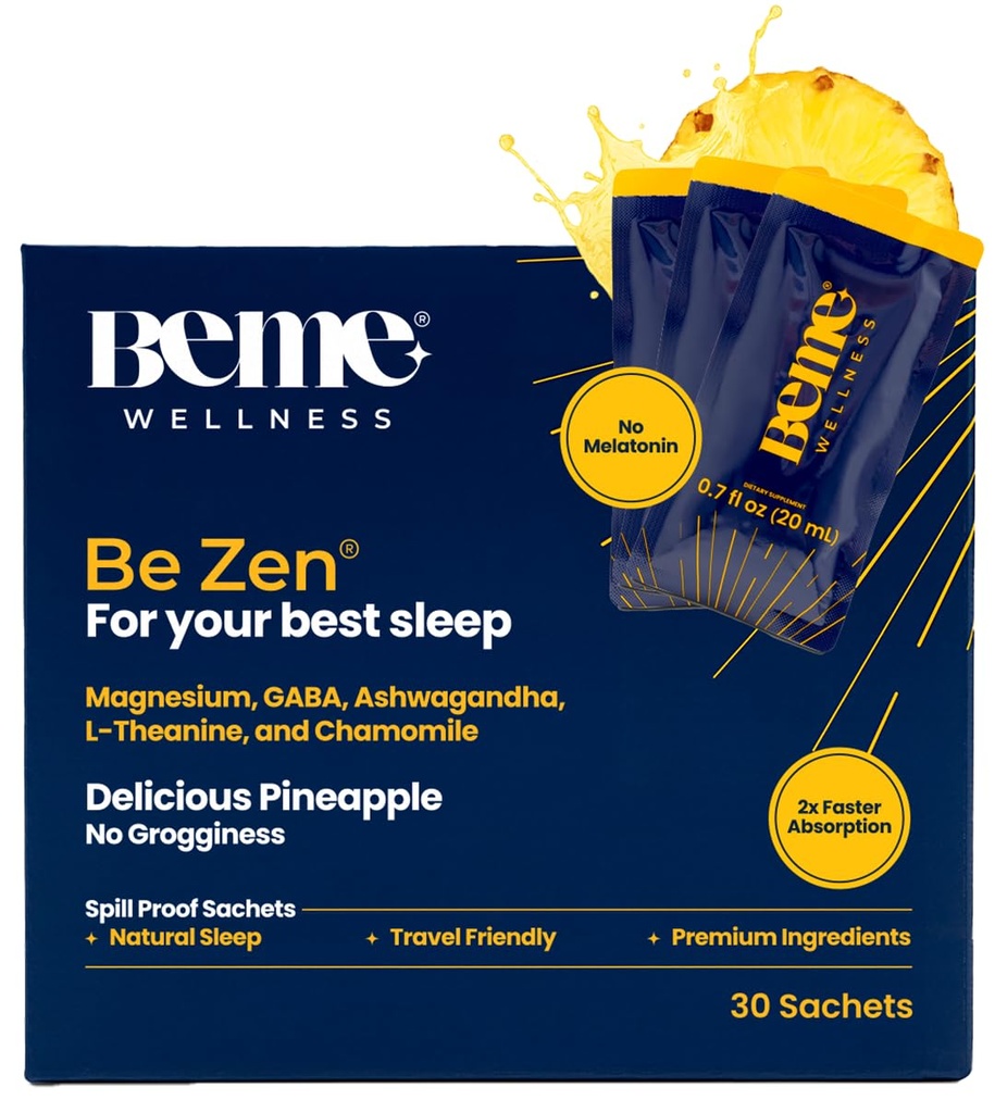 BeMe BeZen Sleep Aid Supplement Natural Without Melatonin - 2X Absorption Than Pills - Ayuda para adultos con Magnesio, Ashwagandha, Chamomile, L-Theanine & GABA - Delicious Pineapple