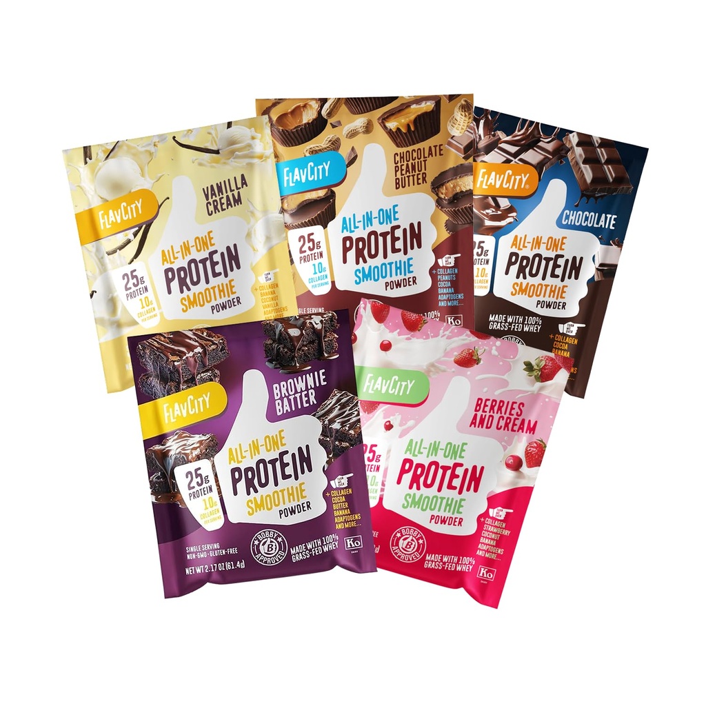 FlavCity All in One Protein Shake Powder Packets - On the Go Meal Alternative + 25g Protein & 10g Collagen, Made with Organic Reishi & Cordyceps Mushrooms - No Añadido Azúcares, Vaiety 10 Pack