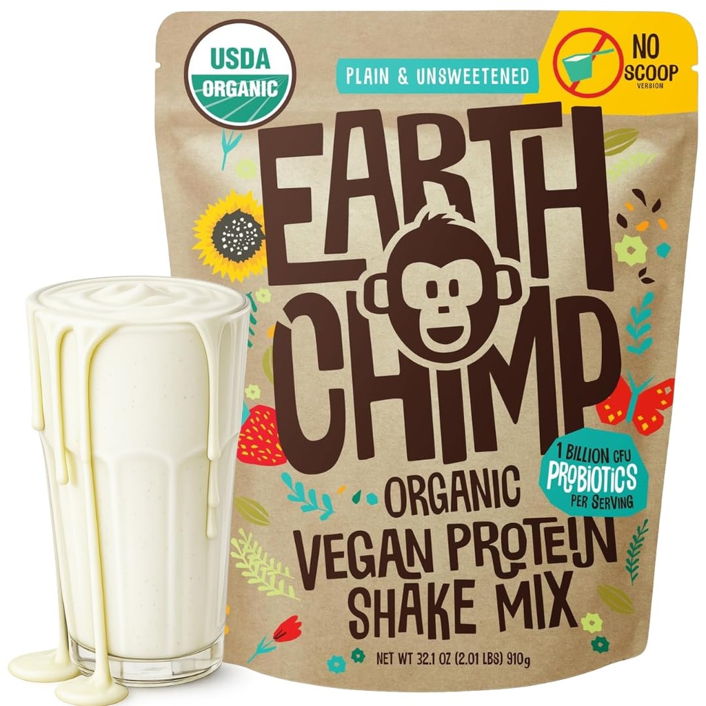 EarthChimp Organic Vegan Protein Powder - with Probiotics - Non GMO, Dairy Free, Non Whey, Plant Based Protein Powder for Women and Men, Gluten Free - 26 Servings 32 Oz (Plain &amp; Unsweetened) No Scoop