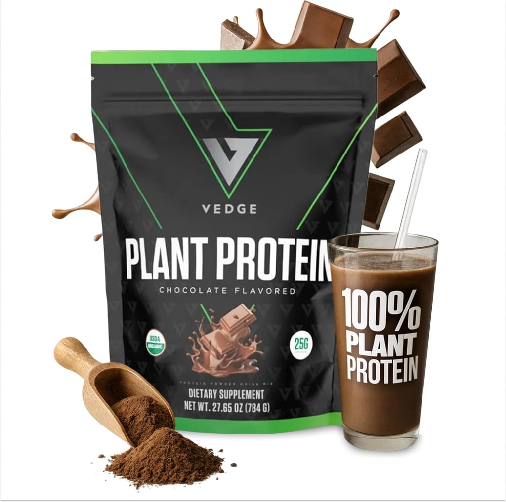 vedge Vegan Protein Powder - Plant Protein Powder with Pea, Pumpkin &amp; Sunflower - USDA Organic, Amino Acids, Dairy Free, Gluten Free, Soy Free, Keto, Non GMO, Smooth Texture - Chocolate - 20 Servings
