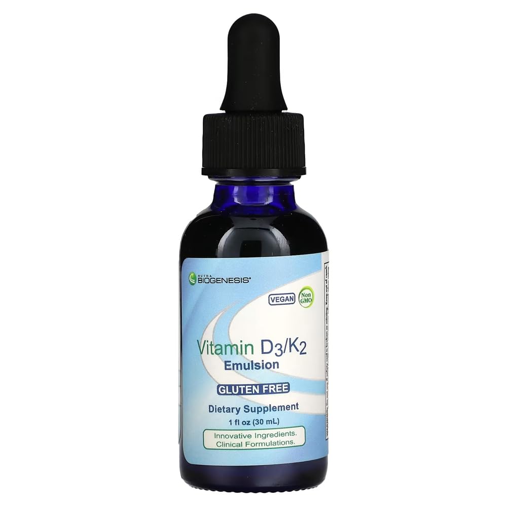 Nutra Biogenesis Vitamina D3/K2 Emulsión - Liquid Vitamina D gotas con MCT Oil, D3 K2 Suplemento para Adultos y Niños, Sublingual Oil Dropper para Mujeres y Hombres - 1 Fl Oz Bottle (30 ml)