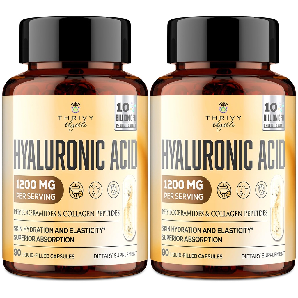 Cápsulas de ácido hialurónico 19-in-1 - Ácido hilúrico 1200 mg, con péptidos colágenos, vitamina C, fitoceramides - para la piel, ojos, gastrointestinales, soporte de huesos (2 Pack)