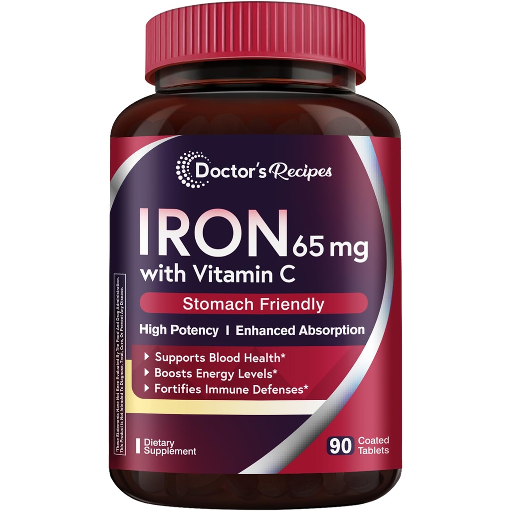 Recetas del médico Suplemento de hierro 65 mg con vitamina C - Absorción máxima " píldoras de hierro amigables para la formación de células rojas de sangre, corazón, cerebro " salud de inmunidad - Vegan no GMO 90 tabletas de hierro