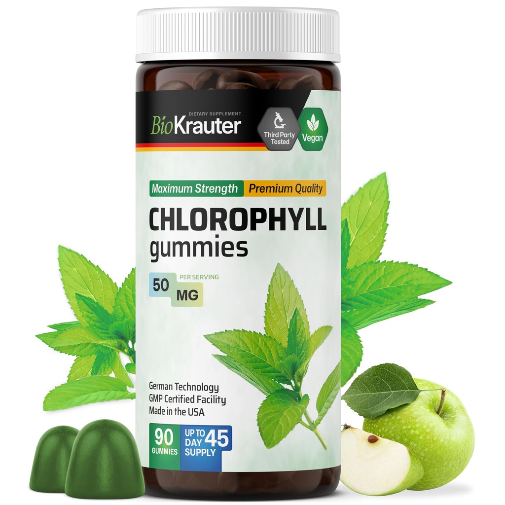 BIO KRAUTER Chlorophyll Gummies - 90 Chews - Suplementos Chlorophyll - Esquí natural &amp; Soporte Detox - Vegan, Pectin Based, Non-GMOs Chews